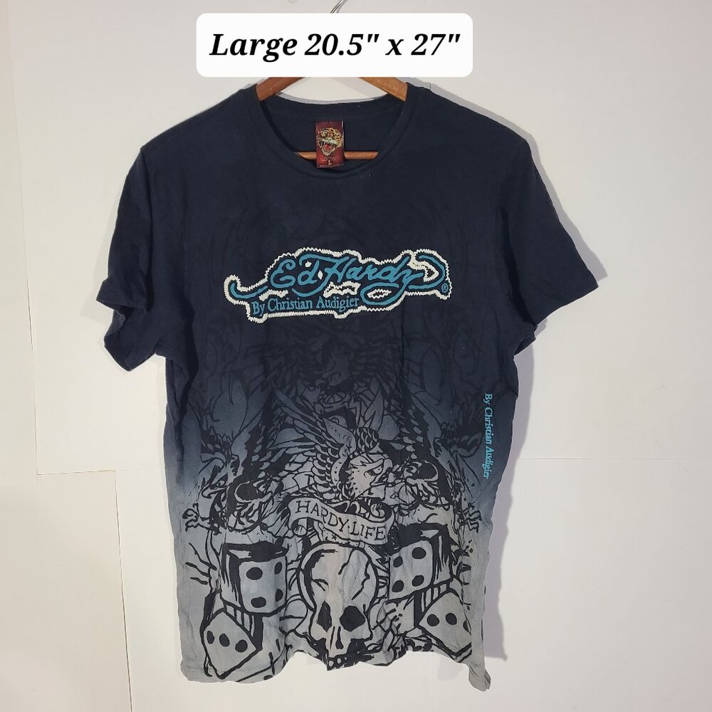 Vintage Y2K Ed Hardy Christian Audigier Skull/Dice/Eagle AOP Large T-Shirt